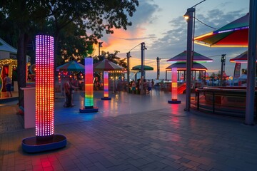 Naklejka premium A lively dance area at a summer carnival, captured at dusk