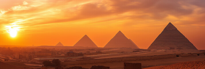 Ancient Giza Pyramids Against a Dramatic Sunset Sky, Egypt - obrazy, fototapety, plakaty