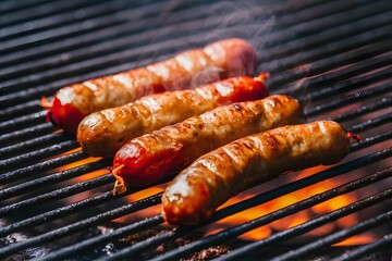 Cevapcici sausages sizzling on a hot grill - obrazy, fototapety, plakaty