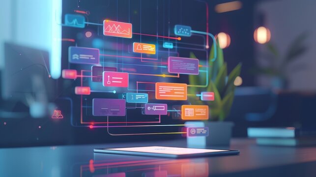 computer analysis for process and workflow automation with flowchart, a businessman in background