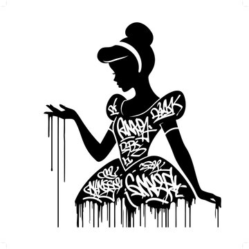 princess; cinderella  silhouette, people in graffiti tag, hip hop, street art typography illustration.