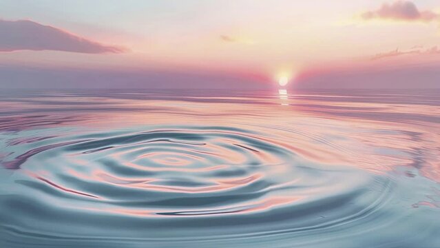 Minimalist water ripple effect on serene lake at sunrise, soft pastel sky background, gentle movement.
