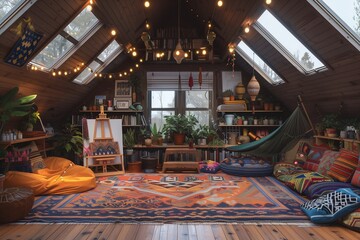 Bohemian-style attic studio with vibrant textiles, eclectic furniture, and an abundance of natural plants