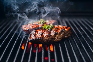 Barbecued beef grilling with smoky aroma on the broiler - obrazy, fototapety, plakaty