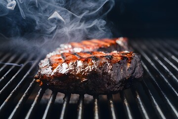 Barbecued beef grilling with smoky aroma on the broiler