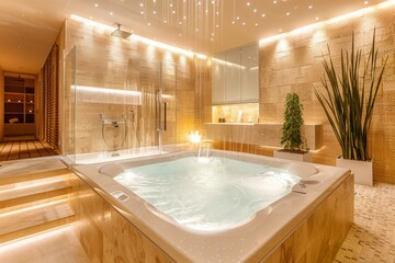 Waterfilled jacuzzi tub is centrally located in the bathroom