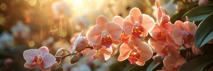 Vivid display of light pink orchids flourishing in a lush garden under the warm sunlight