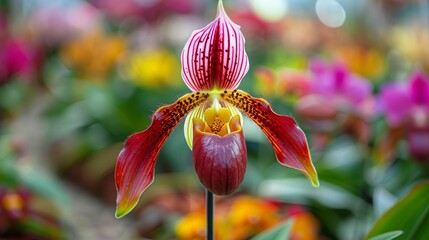 Vibrant maroon, yellow, white lady s slipper orchid close up showcasing full bloom and colors