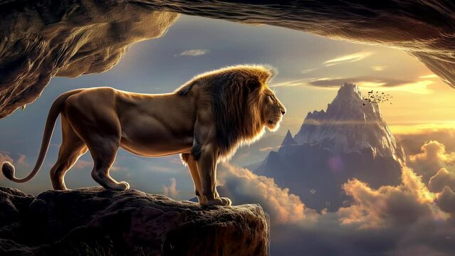 A lion stands on a rock in a cave at sunset with sunlight and mountains in the background. The Magnificent King of Beasts
