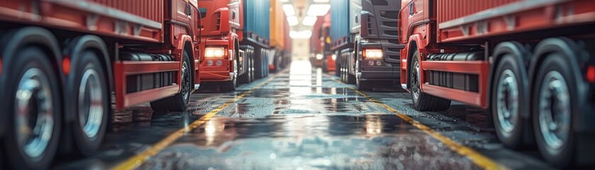 A fleet of semi trucks is parked in a row on a wet road.