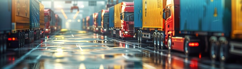 A long line of semi trucks on a wet road
