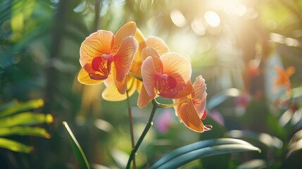 Elegant orchid flower stands tall in vibrant garden, petals sparkling in sunlight