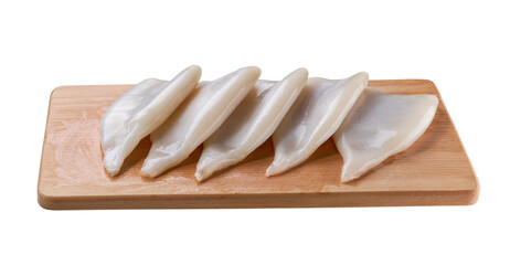 Fresh body squids on cutting board isolated on a white background.