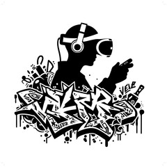 gamer; vr silhouette, people in graffiti tag, hip hop, street art typography illustration.