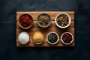 Empty wooden board with spices on dark table, top view