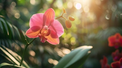 Vivid orchid in lush garden, its delicate petals glowing beautifully in the warm sunlight