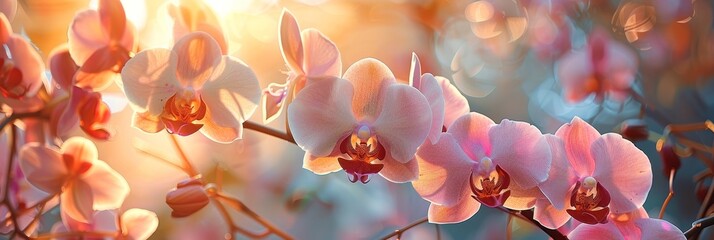 Exquisite display of delicate light pink orchids blooming in a sun drenched garden