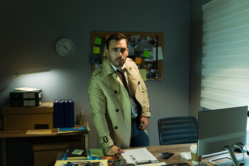 Focused detective in a trench coat stands in a dimly lit office, surrounded by clues