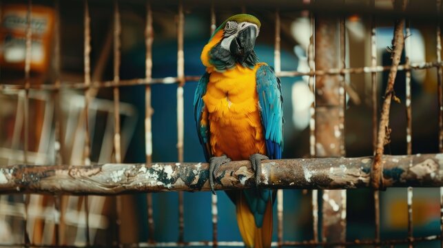 A parrot perched on a branch inside a cage in a photograph
