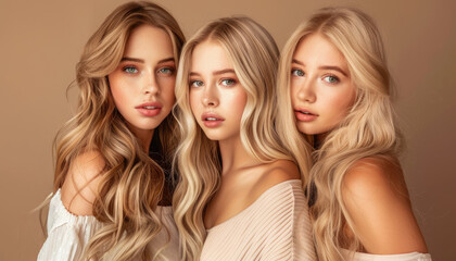 Three beautiful blonde women with long hair in a light beige color, perfect and smooth skin, standing next to each other