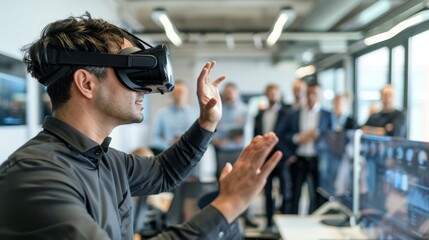 business people are standing at a large conference table wearing VR headsets and are engaged in an online meeting people in the meeting are discussing a new technology that will revolutionize the way