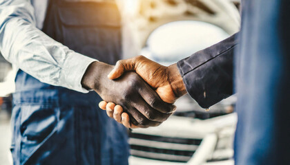 Auto repair manager and mechanic shake hands in bright workshop, symbolizing partnership and professionalism