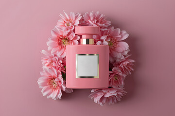 Perfume bottle mockup adorned with delicate pink flowers