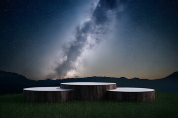 Platform and natural podium with starry sky backdrop for display