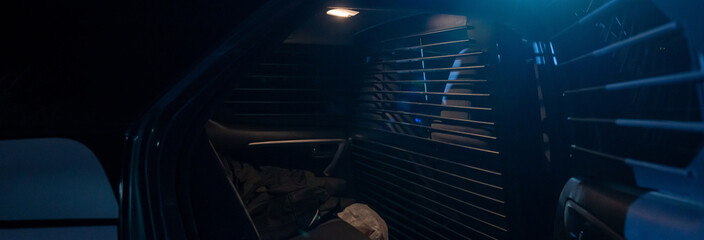 Inside the police car, the interior of the car. stock photo