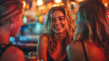 Three young women gather in a cozy bar or night club  smiling, radiating warmth and camaraderie