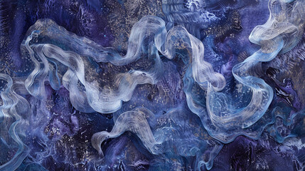 Threads of celestial silver and ethereal periwinkle delicately entwining, forming an abstract tapestry that captures the essence of tranquility amidst a backdrop of velvety onyx. 