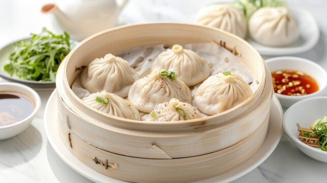 Soup dumplings displayed on a white background with a bowl and chicken image