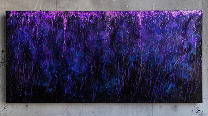 Threads of iridescent amethyst and luminous cerulean dancing in a symphony of light and color, weaving an abstract masterpiece upon a canvas of cosmic black velvet. 