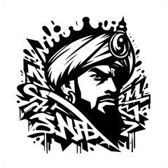  arabian tale sinbad; aladin silhouette, people in graffiti tag, hip hop, street art typography illustration.
