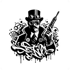 steampunk guy silhouette, people in graffiti tag, hip hop, street art typography illustration.