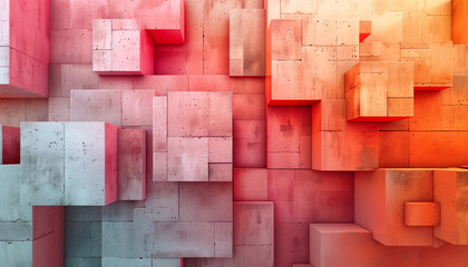 Abstract geometric art installation in shades of 13-1023 Peach Fuzz. Multidimensional composition with interlocking cubes creates visually captivating depth.