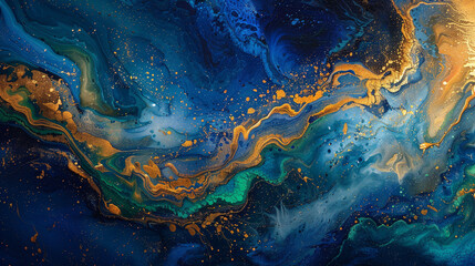 Vibrant splashes of sapphire and jade intermingle with streaks of molten gold, forming an abstract symphony of nature's vibrant hues. 