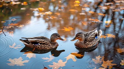 Tranquil autumnal ducks reflecting in pond with floating leaves, creating picturesque scene - obrazy, fototapety, plakaty