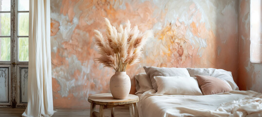 Cozy minimalist interior with earthy tones in 13-1023 Peach Fuzz color featuring vase of pampas...