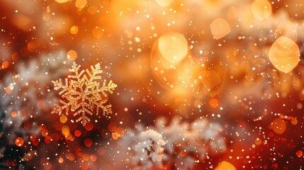 Blurred background of orange bokeh with glinting snowflakes