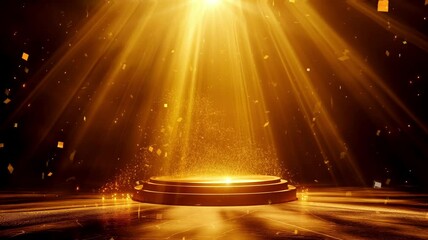 Round podium with golden light lamp background with splashes and confetti