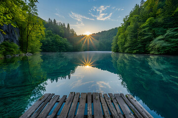 Serene Sunrise Over a Pristine Lake and Dense Forest - obrazy, fototapety, plakaty