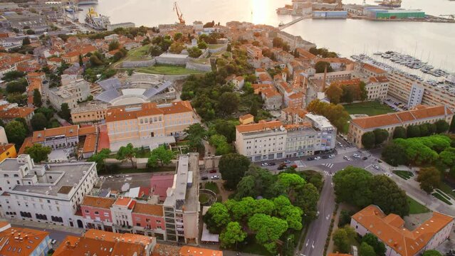 Aerial view of the historic Fortress Kastel in Pula old town at sunset, Croatia