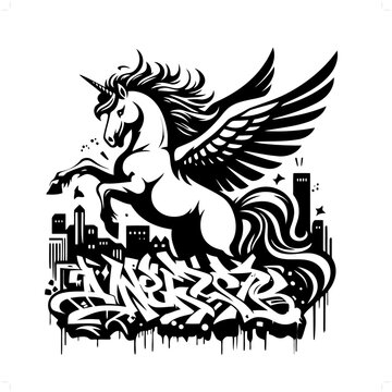 pegasus; mythology creature silhouette, graffiti tag, hip hop, street art typography illustration.