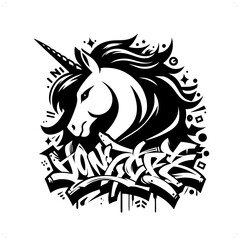 unicorn; mythology creature silhouette, graffiti tag, hip hop, street art typography illustration.