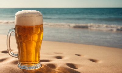Glass of Beer on Sandy Beach. A fresh glass of beer stands on top of a sandy beach, reflecting the sunlight and creating a refreshing scene.