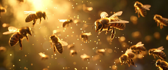 Bees are busy around the hive - obrazy, fototapety, plakaty