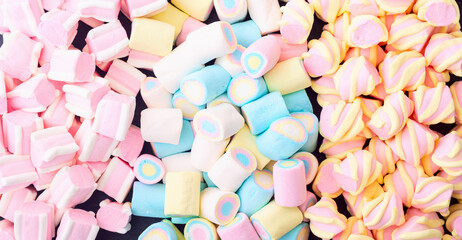 Sweet dessert . Candies from marshmallow .  Food background