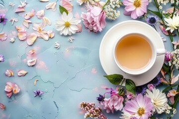 Obraz na płótnie Canvas Flowers encircle a teafilled cup on a blue table