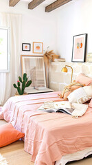 A bedroom with white walls, a pastel pink bed sheet and peach colored pillows, natural lighting.